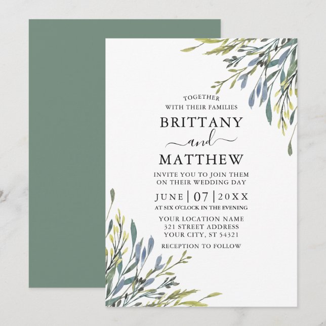 Delicate Watercolor Greenery Wedding Sage Green Invitation (Front/Back)