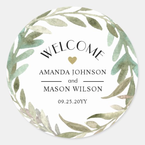 Delicate Watercolor Greenery Wedding Welcome Classic Round Sticker