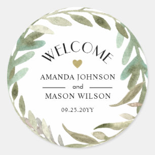 Delicate Watercolor Greenery Wedding Welcome Classic Round Sticker