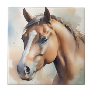 Delicate Watercolor Horse Portrait in Soft Pastel Ceramic Tile