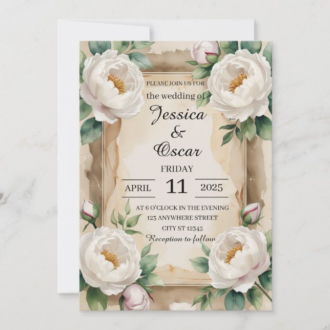 Delicate Watercolor Peony Roses Wedding Invitation (Front)