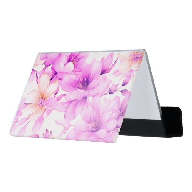 Delicate Watercolor Pink Flowers  Desk Business Card Holder (Angled Back)