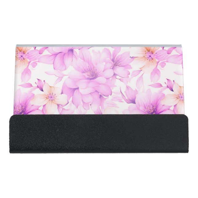 Delicate Watercolor Pink Flowers  Desk Business Card Holder (Front)
