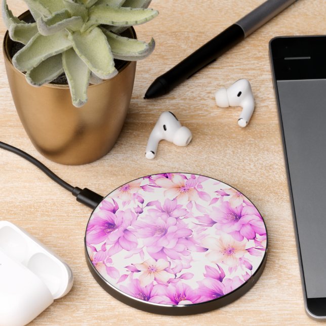 Delicate Watercolor Pink Flowers  Wireless Charger (Desk 2)