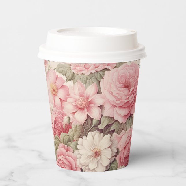 Delicate Watercolor Pink Roses & Apple Blossoms Paper Cups (Front)