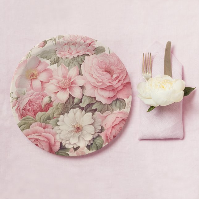 Delicate Watercolor Pink Roses & Apple Blossoms Paper Plates (Creator Uploaded)