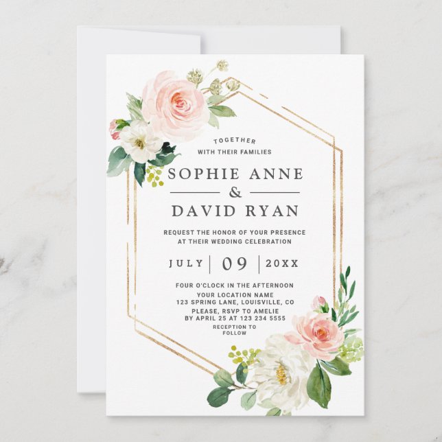 Delicate Watercolor Pink White Floral Gold Wedding Invitation (Front)