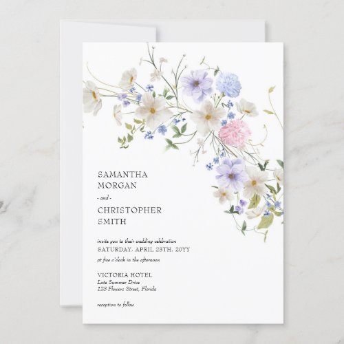 Delicate watercolor purple blue boho wildflowers invitation