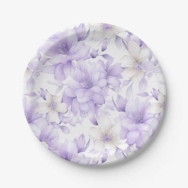 Delicate Watercolor Purple Flowers  Paper Plates (Front)