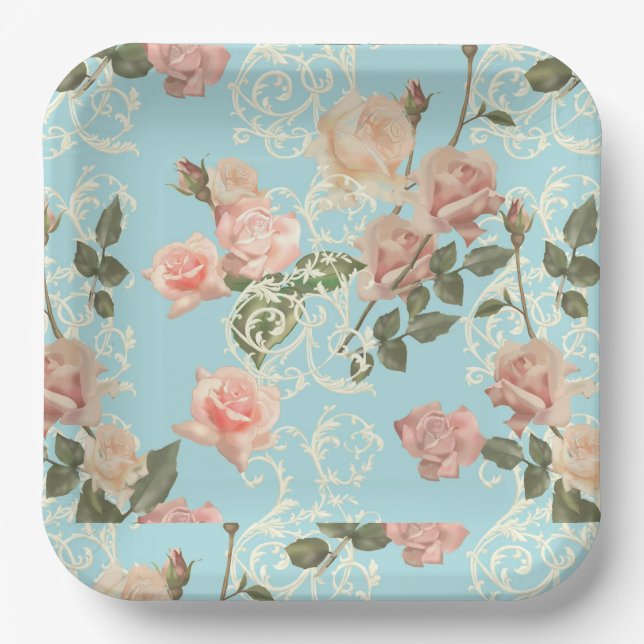 Delicate watercolor rose  paper plates (Front)