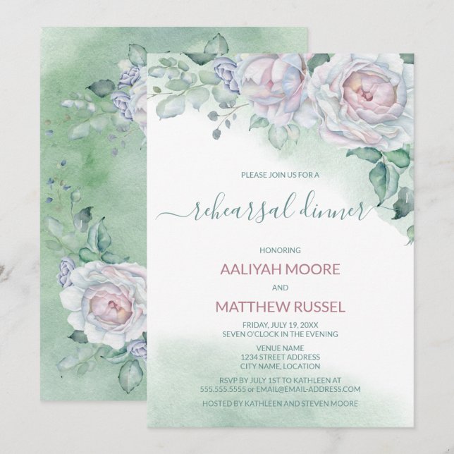 Delicate Watercolor Rose Rehearsal Dinner Invitation (Front/Back)