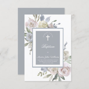delicate watercolor roses frame Baptism Invitation