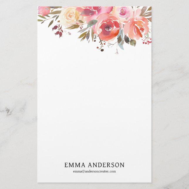 Delicate Watercolor Roses Stationery (Front)