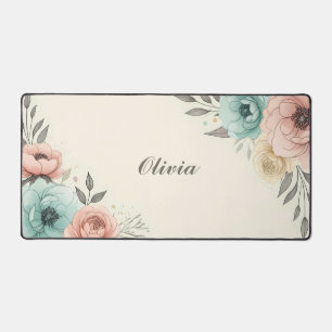 Delicate Watercolor Sketchy Flowers Desk Mat