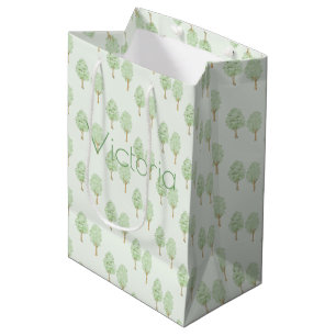 Delicate Watercolor Trees Pattern Light Green  Medium Gift Bag