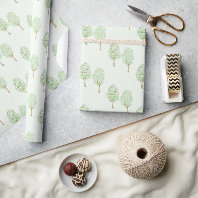 Delicate Watercolor Trees Pattern Light Green  Wrapping Paper (Crafts)