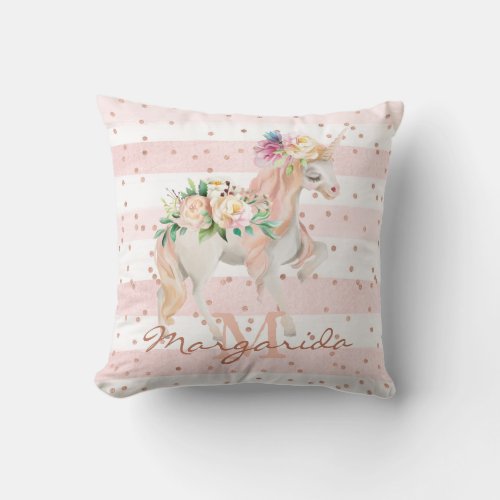 Delicate Watercolor Unicorn Pink Monogram Throw Pillow