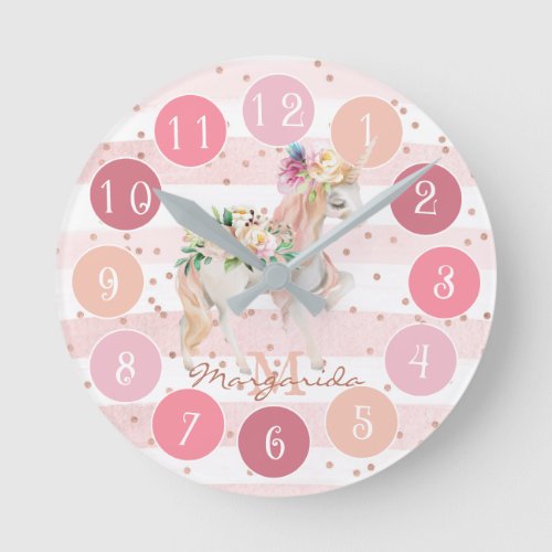 Delicate Watercolor Unicorn Pretty Pink Monogram R Round Clock