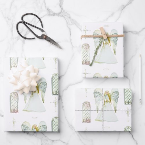 Delicate Watercolor Whimsical Angel Cross Pattern Wrapping Paper Sheets