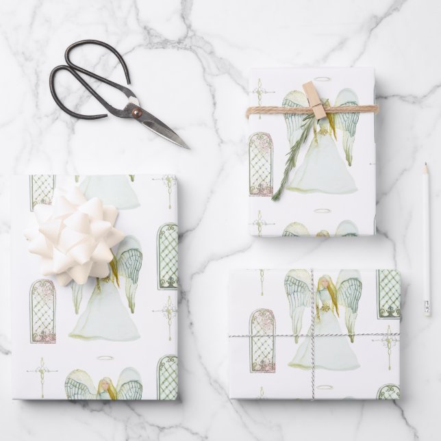 Delicate Watercolor Whimsical Angel Cross Pattern Wrapping Paper Sheets (Front)