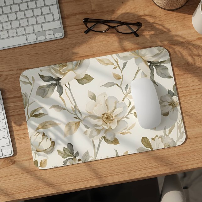 Delicate Watercolor White Floral Pattern Mouse Pad (Creator Uploaded)