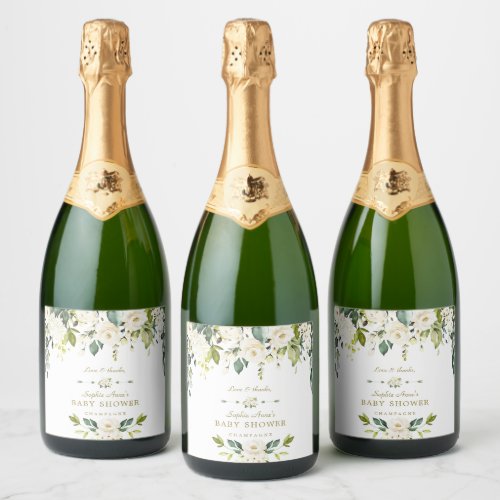 Delicate Watercolor White Flowers Baby Shower Sparkling Wine Label