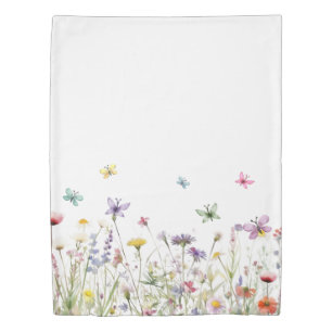 Delicate Watercolor wildflowers butterflies meadow Duvet Cover