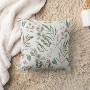 Delicate Watercolor Wildflowers Floral Pink Green Throw Pillow