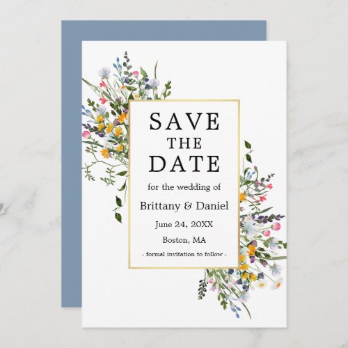 Delicate Watercolor Wildflowers Gold Dusty Blue Save The Date