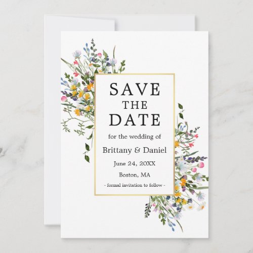 Delicate Watercolor Wildflowers Gold Frame Save The Date