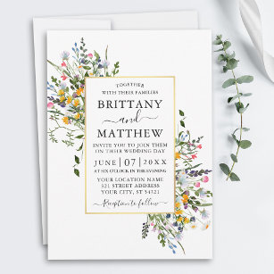 Delicate Watercolor Wildflowers Gold Frame Wedding Invitation