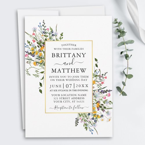 Delicate Watercolor Wildflowers Gold Frame Wedding Invitation