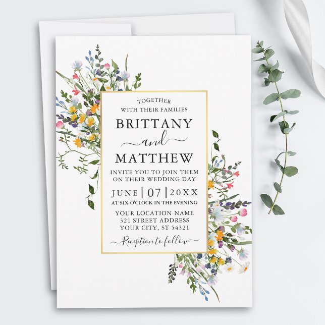 Delicate Watercolor Wildflowers Gold Frame Wedding Invitation (Customize to change text color, style or add text & photos to back of card.)