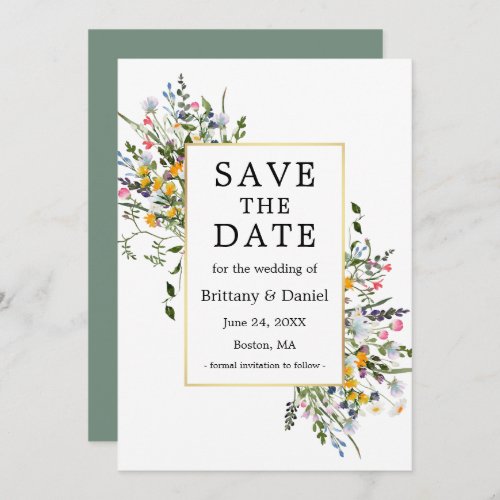Delicate Watercolor Wildflowers Gold Sage Green Save The Date