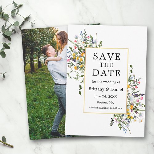 Delicate Watercolor Wildflowers Photo Gold  Save The Date
