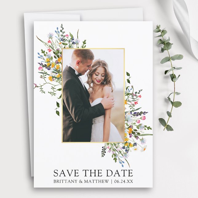 Delicate Watercolor Wildflowers Photo Save The Date (Customize to change text size, color, style or add more text to back of card.)