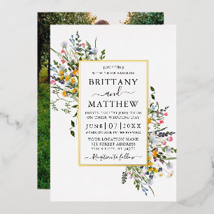 Delicate Watercolor Wildflowers Photo Wedding Gold Foil Invitation