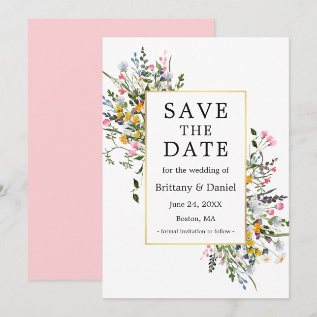 Delicate Watercolor Wildflowers Pink Blush Save The Date (Front/Back)