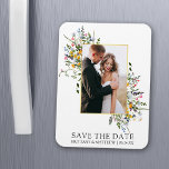 Delicate Watercolor Wildflowers Save The Date Magnet<br><div class="desc">Modern Watercolor Wildflower Wedding Wedding Engagement Announcement Save The Date Magnet includes yellow,  pink,  purple,  dusty blue and white wild flowers,  eucalyptus leaves,  sage green leaves and other botanical greenery on a gold frame. Couple Photo.</div>