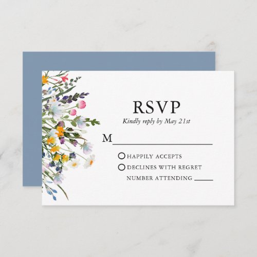 Delicate Watercolor Wildflowers Wedding Dusty Blue RSVP Card