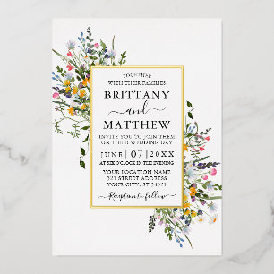 Delicate Watercolor Wildflowers Wedding Gold Foil Invitation