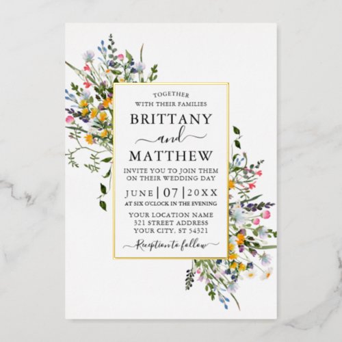 Delicate Watercolor Wildflowers Wedding Gold Foil Invitation