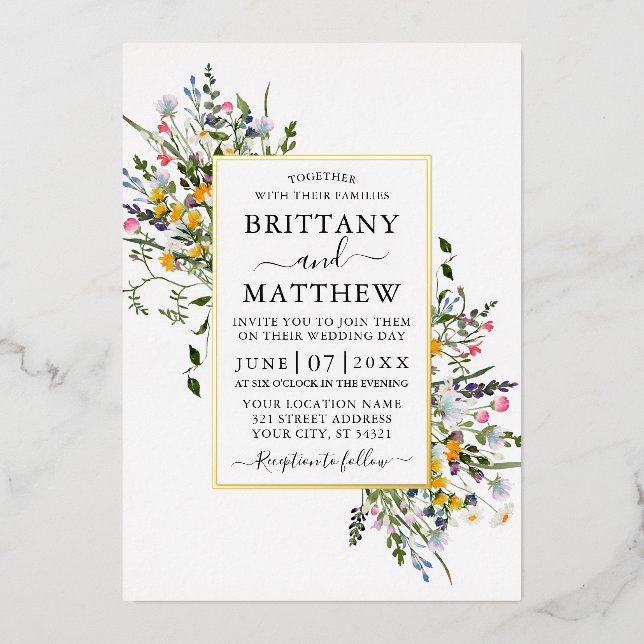 Delicate Watercolor Wildflowers Wedding Gold Foil Invitation (Front)