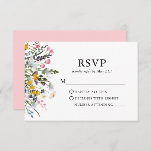 Delicate Watercolor Wildflowers Wedding Pink Blush RSVP Card