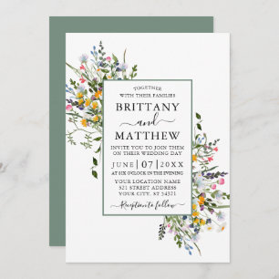 Delicate Watercolor Wildflowers Wedding Sage Green Invitation
