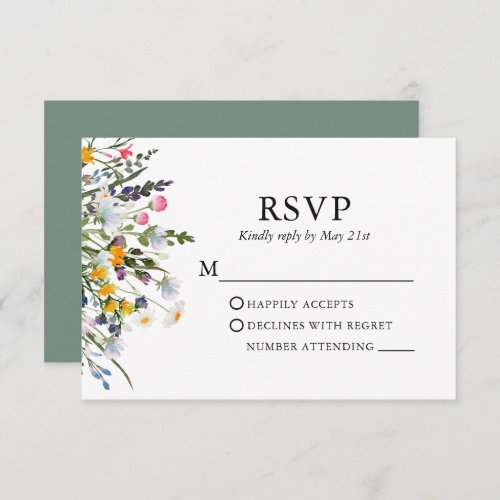 Delicate Watercolor Wildflowers Wedding Sage Green RSVP Card