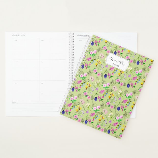 Delicate watercolour wildflowers on green planner (Display)