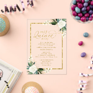 Delicate White And Gold Floral Quinceañera Acrylic Invitations