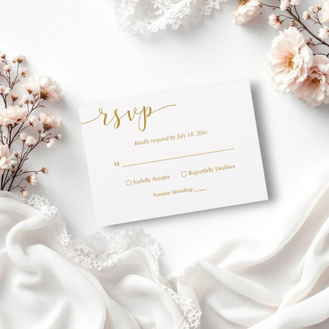 Delicate White and Gold Script Simple Wedding RSVP Card (Creator Uploaded)