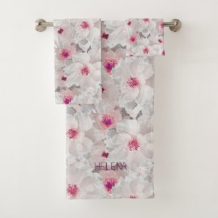 Delicate white and pink floral bath towel set